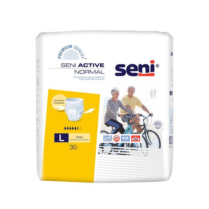 Трусы впитывающие Seni Active normal l 100-135 см (30 шт.). Seni Active normal 30 шт. Трусы впитывающие Seni Active normal m 80-110 см (30 шт.).