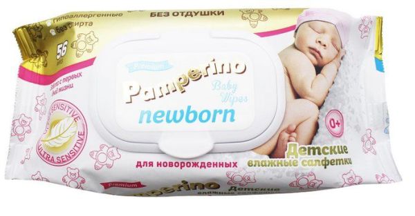 Салфетки влажные детские без отдушек с пластиковым клапаном Памперино Newborn 56шт фотография